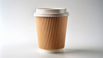 A disposable paper cup with a lid and sleeve, crimped at the rim, stands upright on a clean white background, ready for a hot beverage.