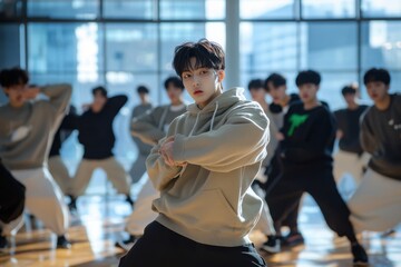 group of K-pop idols practicing their dance routine in a mirrored practice room