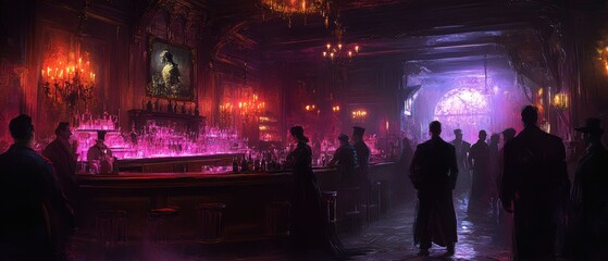 Obraz premium A moody bar scene with dramatic lighting, shadows, and a vibrant atmosphere perfect for nightlife themes.