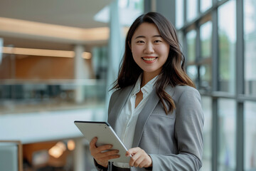 Mature Japanese businesswoman smiling in an office, holding a tablet, recruitment