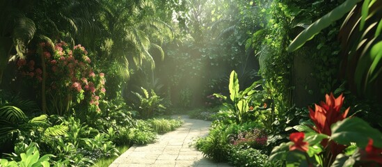 Fototapeta premium Sunlit Pathway Through Lush Tropical Garden