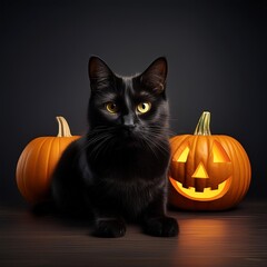 halloween cat with pumpkin.