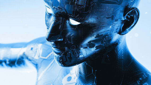 Futuristic Blue Cybernetic Human Portrait