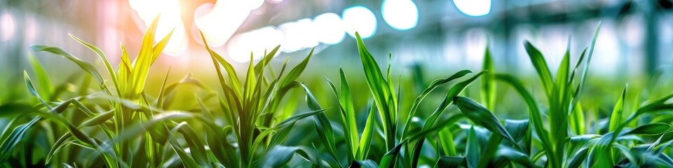 Obraz premium Genetic Engineering GMO Fresh green barley cultivation in a research facility Genetically altered produce Enhanced DNA in crops