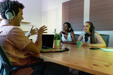 Recording a podcast featuring engaging discussion in studio