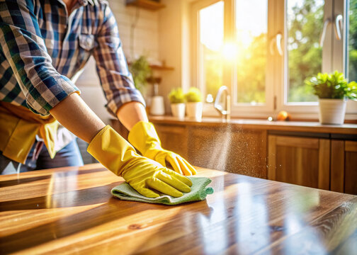 A gloved hand scrubs a wooden table, soap suds dripping, as morning sunlight illuminates a spotless kitchen, epitomizing a clean and healthy domestic haven.