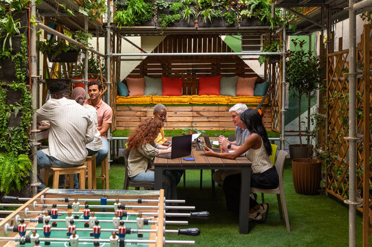 Relaxed coworkers in collaborative workspace with greenery