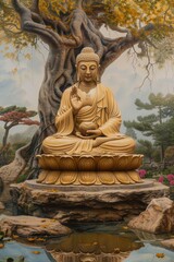 Obraz premium Golden Buddha Statue in a Serene Garden Setting