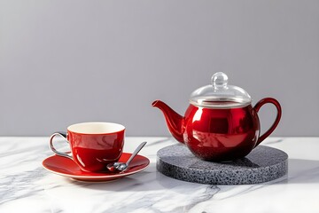 Fototapeta premium red tea cups and teapot on marble and gray background