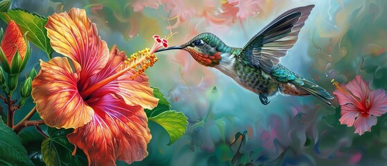 Highdefinition image of a hummingbird drinking nectar from a hibiscus flower, vibrant colors, detailed and dynamic scene