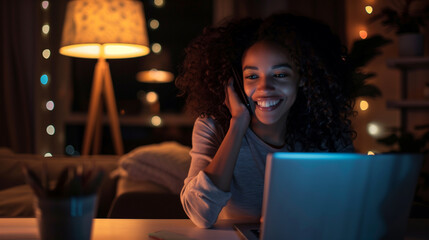 A young African American woman using a laptop at night, happy woman using cell phone and laptop

