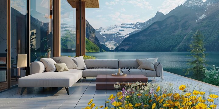 terrace with flowers outside, trendy style sofa, cabin, 8k resolution, swiss style, whistler, interior scene, adventure theme
