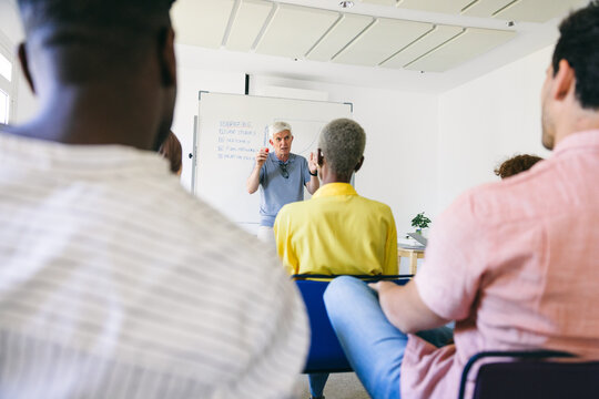 Team brainstorming session during interactive whiteboard presentation