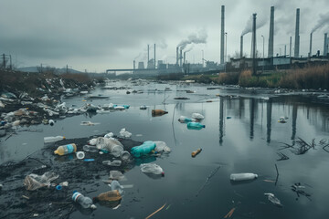 Polluted river with floating plastic bottles and debris