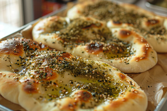 Manakeesh on a tray. Topped with za&rsquo;atar and cheese