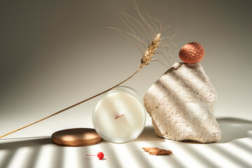 Natural still life with white candle, lychee, stone and dry grass. 