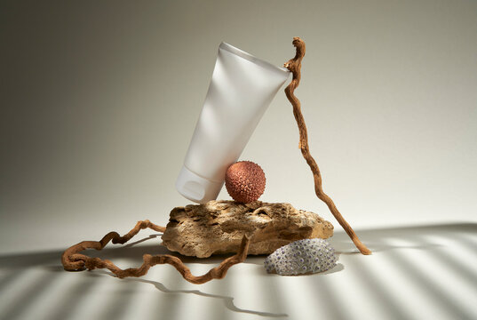 White blank cream tube on a stone with natural elements. 