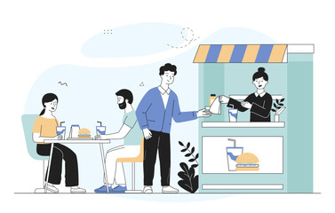 Street fast food stall. Men and women buy burgers and hot dogs. Cafe and catering service. Young guy with takeaway eating. Linear vector illustration