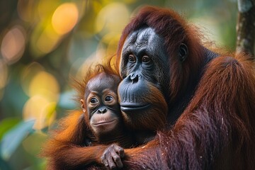 Naklejka premium Tender moment between orangutan mother and baby
