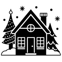 Fototapeta premium christmas tree with house, christmas house vector illustration, Christmas house vector art, christmas tree with house silhouette, house vector icon, eps
