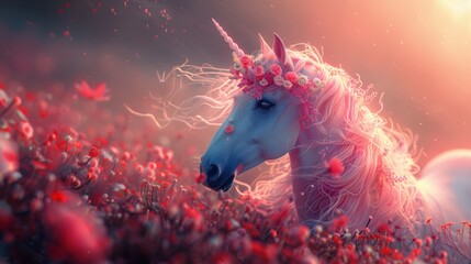 A majestic unicorn adorned with flowers stands gracefully in an enchanted field of red blooms, bathed in magical light.