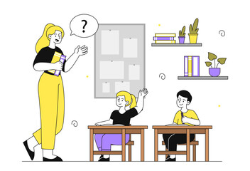 Teacher conducts lesson. Woman in class tells information to little boy and girl. Education and training. Teacher in preschool classroom. Linear vector illustration