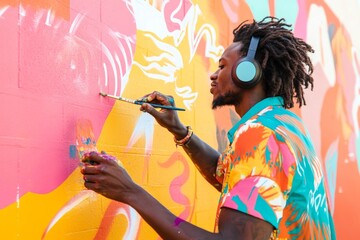 talented Black hipster artist painting a vibrant mural