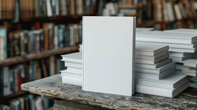 A blank book standing on a library table, surrounded by stacks of other books, ready for customization.
