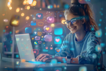 A young woman using a laptop with floating social media icons in a modern office.
