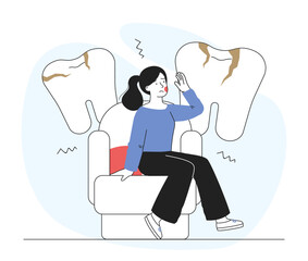 Woman with toothache. Young girl sits against background of large teeth with caries. Oral cleanliness and hygiene. Dentistry and stomatology. Health care and medicine. Linear vector illustration