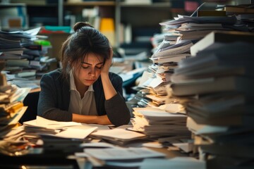 tired businesswoman sitting at her desk surrounded by piles of paperwork