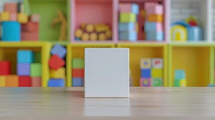 A single white block placed on a table in a colorful playroom, surrounded by various brightly colored toys and shelves.