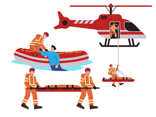 search and rescue agent team saving evacuation danger flood stretcher save life-saver help victim put in floating boat and helicopter © SriWidiawati