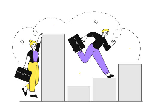 People with unequal rights. Woman faces obstacle in career. Stop gender and sex discrimination. Unhappy businesswoman without opportunities. Linear vector illustration
