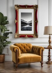White Neoclassical Living Room with yellow sofa and Artwork Frame 3d rendering
