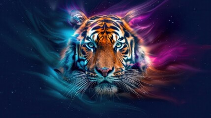 A tiger's face emerging from a cosmic nebula, symbolizing strength and mysticism, Psychedelic, Vibrant colors, Digital Painting