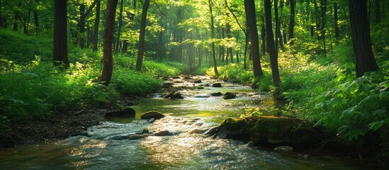 Sunrays Illuminating a Tranquil Forest Stream