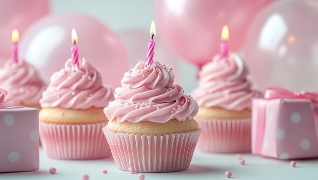 Create an enchanting digital backdrop for birthday celebration, featuring elegant pastel pink cakes and cupcakes adorned with delicate icing and candles.