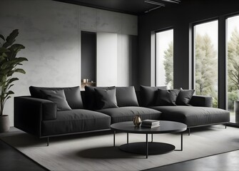 Black stylish minimalist interior with sofa, coffee table and decor. 3d render illustration mockup.
