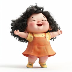 Fototapeta premium Cheerful 3D cartoon little girl with curly black hair standing with open arms on a white background.