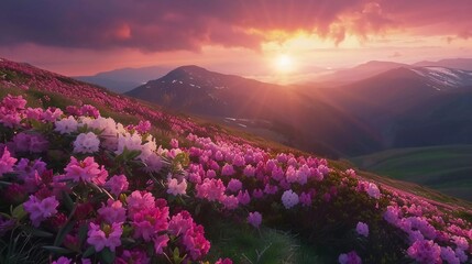 Amazing landscape with magic pink rhododendrones and white flowers on summer mountains. Incredible sunset light which is very beautiful