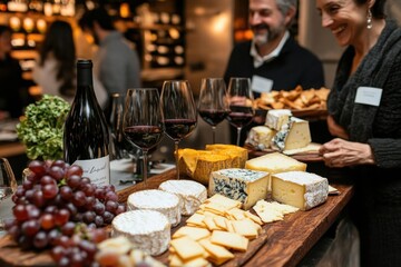 An elegant wine and cheese tasting event with guests sampling fine wines and gourmet cheeses in a chic venue