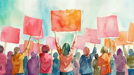 Artistic depiction of a protest for fair wages, watercolor technique, bold brushstrokes, dynamic energy, empowerment through collective action