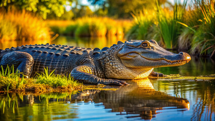 A massive Florida alligator basks in the warm sunlight, its scaly skin glistening, as it dominates the serene and lush wetland landscape of the Everglades National Park.