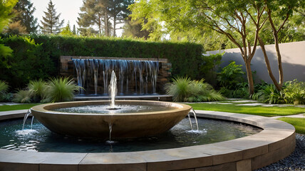Water feature fountain waterfall as wide banner with copy space area for garden landscape design concepts. Ai generative