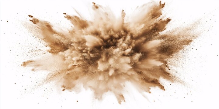 A forceful explosion of tan powder dispersing in a dynamic pattern