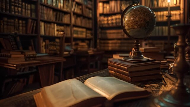 Antique Library Desk with Globe and Books