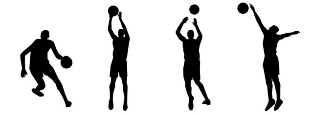 set of silhouettes of basketball players with different poses, gestures. isolated on white background. vector illustration.