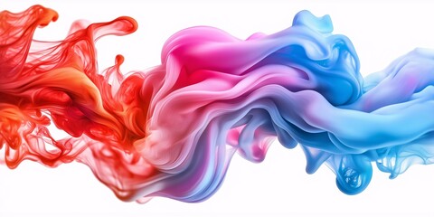 Obraz premium A vibrant swirl of red, pink, and blue smoke flowing gracefully against a white background, forming fluid and abstract shapes.