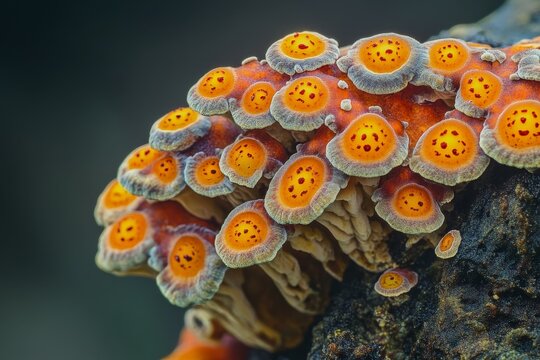 Macro shot of an alien fungus with unusual spore patterns and colors, growing on a strange rock surface. High-resolution, detailed textures, crisp focus